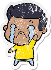 distressed sticker of a cartoon man crying