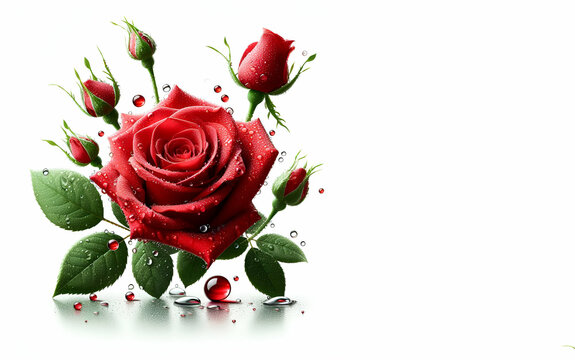Bunch of red beautiful roses with water drops isolated on white, generative ai