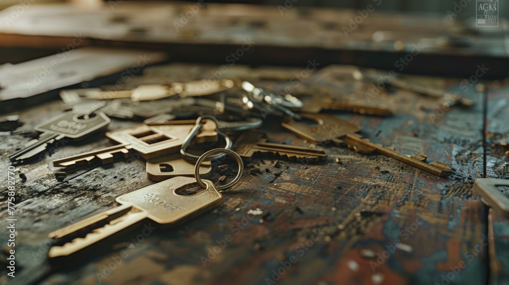 Poster a bunch of keys on a wooden table, perfect for home security concepts