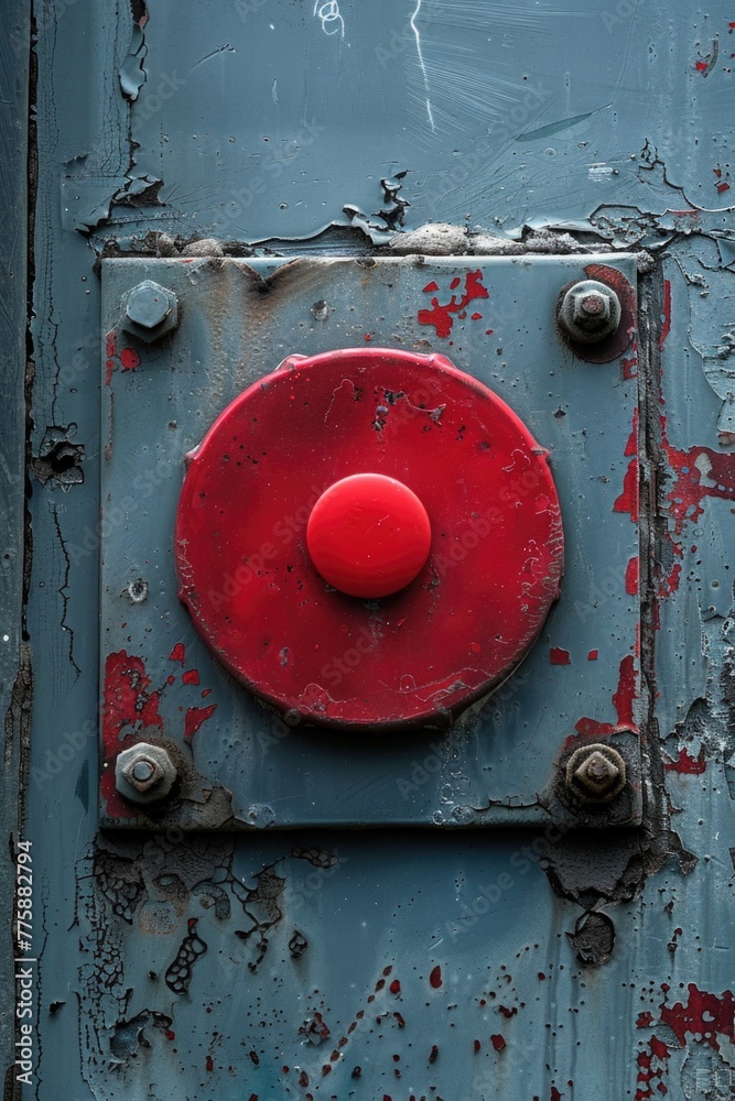 Poster Close up of a red button on a metal door. Suitable for security or technology concepts
