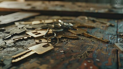 A bunch of keys on a wooden table, perfect for home security concepts