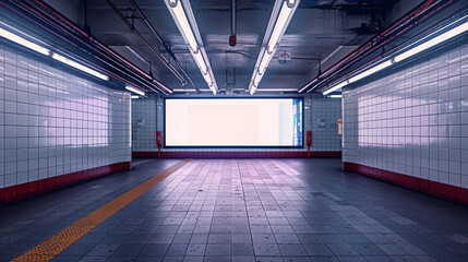 Obraz premium Illuminated ad space in a subway corridor.