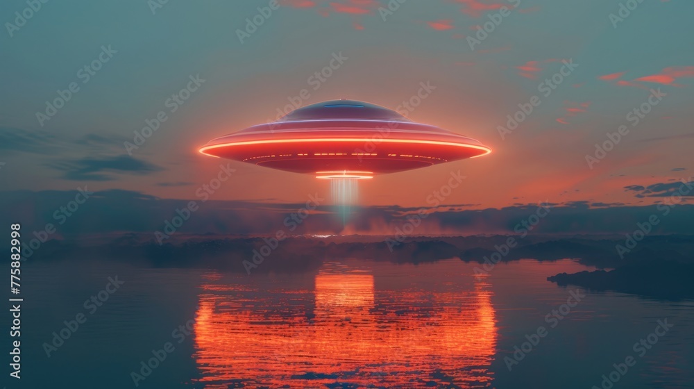 Poster A futuristic flying saucer hovering above a calm body of water. Suitable for sci-fi or futuristic concepts