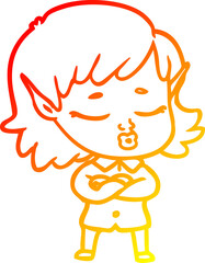 warm gradient line drawing of a pretty cartoon elf girl