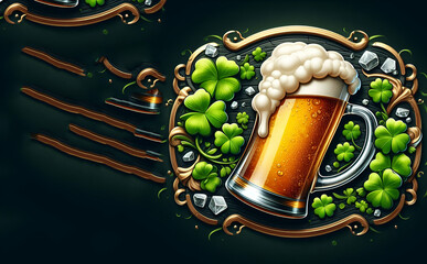 Clover leaves and beer on a  dark background. generative ai - Powered by Adobe