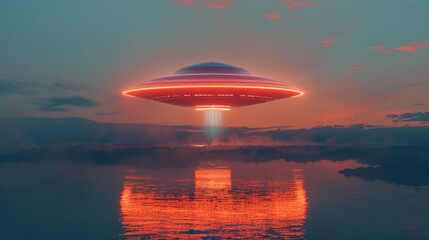 A futuristic flying saucer hovering above a calm body of water. Suitable for sci-fi or futuristic concepts