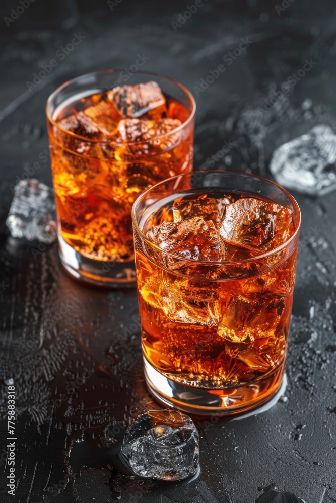 Poster two glasses filled with ice on a table, suitable for various beverage concepts