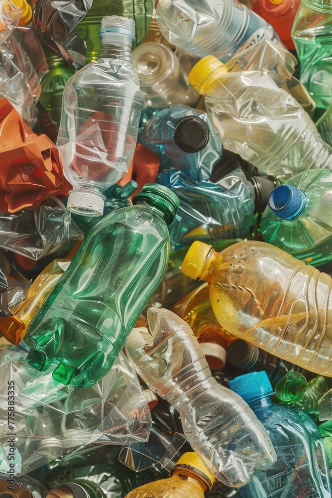 Poster A pile of empty plastic bottles stacked on top of each other. Suitable for environmental and recycling concepts