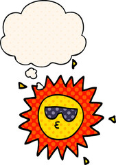 cartoon sun with thought bubble in comic book style
