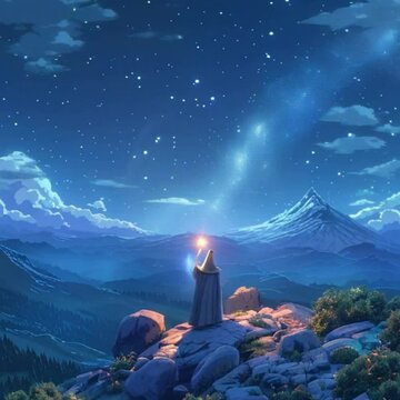 A lone pixel wizard casting a spell atop a mountain under the stars