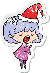 hand drawn christmas distressed sticker cartoon of kawaii girl