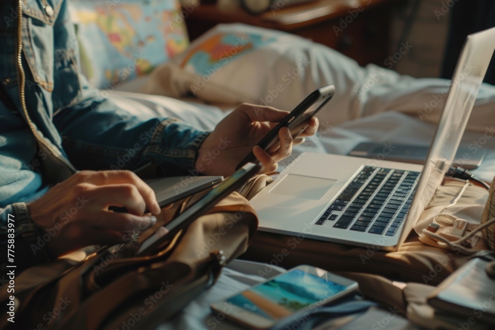 Wall mural a person sitting on a bed with a laptop and cell phone. ideal for technology and work from home conc