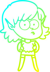 cold gradient line drawing of a cartoon elf girl staring