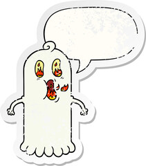 cartoon ghost with flaming eyes with speech bubble distressed distressed old sticker