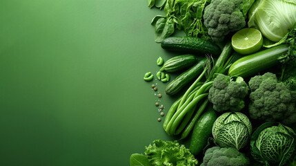 Fresh and vibrant selection of green vegetables artistically arranged, signifying health and vitality - obrazy, fototapety, plakaty