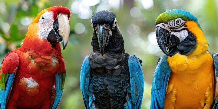 Vibrant image of three parrots perched side by side. Perfect for tropical themes