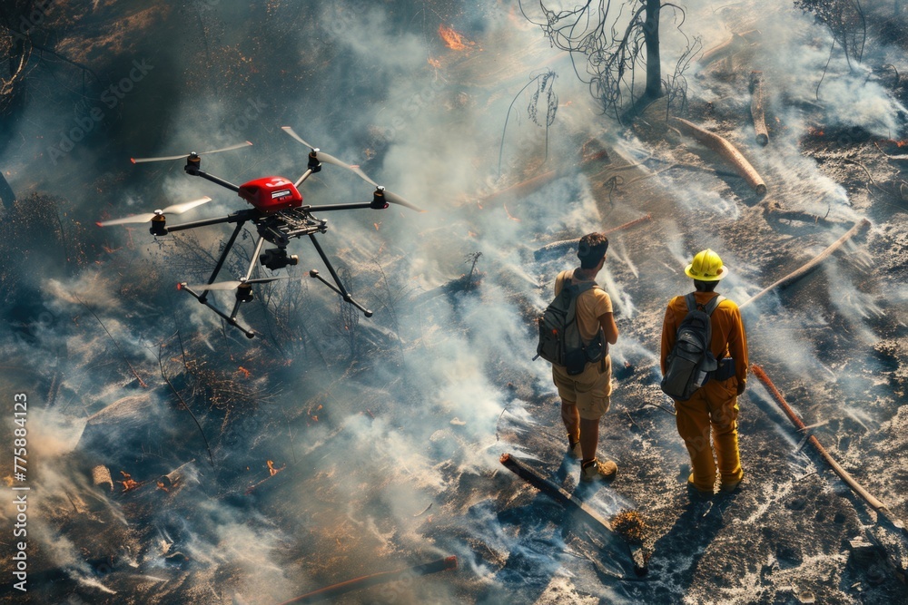 Poster two firefighters standing next to a fire with a helicopter in the background. suitable for emergency