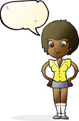 cartoon pretty woman with hands on hips with speech bubble