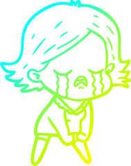 cold gradient line drawing of a cartoon girl crying