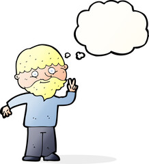 cartoon man giving peace sign with thought bubble