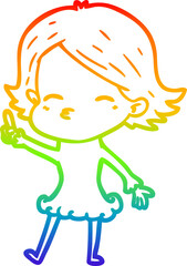 rainbow gradient line drawing of a cartoon woman with idea