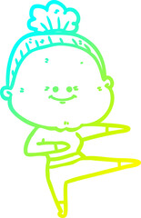 cold gradient line drawing of a cartoon happy old woman