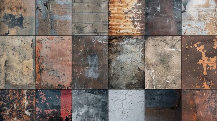 A collection of weathered metal panels with flaking paint. Suitable for industrial backgrounds
