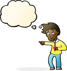 cartoon funny office man pointing with thought bubble