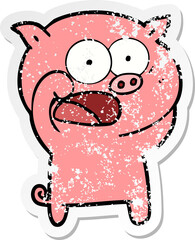 distressed sticker of a cartoon pig shouting