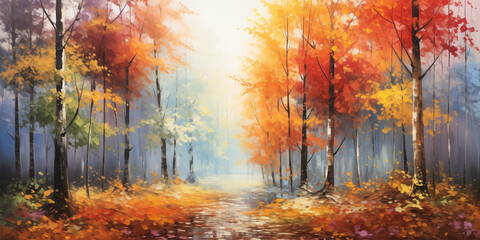 A serene autumn forest with colorful leaves falling gently from the trees.