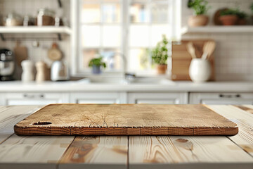Empty chopping board and blurred background of a white kitchen