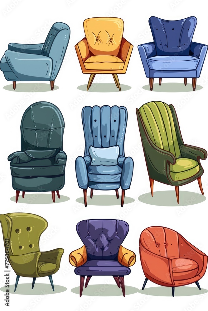 Poster A set of nine different colored chairs, perfect for adding a pop of color to any space