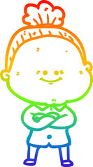 rainbow gradient line drawing of a cartoon happy old woman
