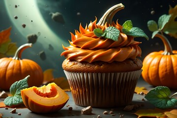 pumpkin cream cupcake decorated for Halloween.