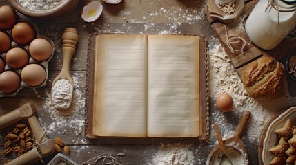 Open recipe book amidst baking ingredients - obrazy, fototapety, plakaty