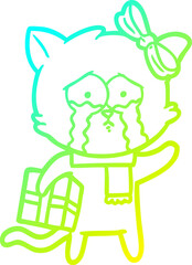 cold gradient line drawing of a cartoon cat