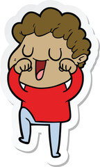 sticker of a laughing cartoon man rubbign eyes