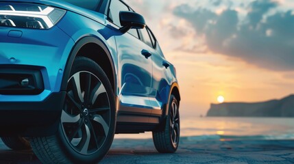 A picturesque scene of a blue SUV parked on a sandy beach at sunset. Perfect for travel or vacation concepts - obrazy, fototapety, plakaty