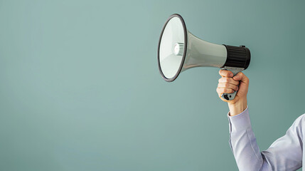 Two-tone image capturing an arm in a casual plaid sleeve holding a megaphone against a neutral gray background, symbolizing announcement