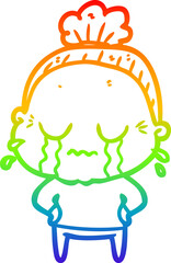 rainbow gradient line drawing of a cartoon crying old lady
