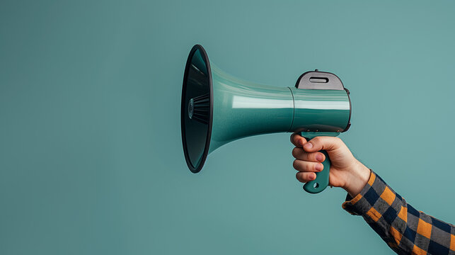 A well-defined image showcasing a person's hand gripping a megaphone against a solid teal backdrop, highlighting the concept of communication