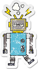 distressed sticker of a cute cartoon malfunctioning robot
