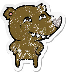 distressed sticker of a cartoon bear showing teeth