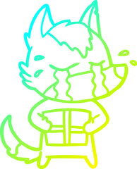 cold gradient line drawing of a cartoon crying wolf with christmas present