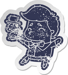 distressed old cartoon sticker of a kawaii cute waiter