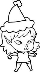 pretty hand drawn line drawing of a elf girl wearing santa hat