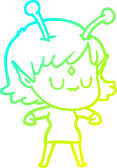 cold gradient line drawing of a cartoon alien girl