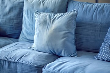 A detailed shot of a blue couch with decorative pillows. Suitable for interior design concepts