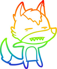 rainbow gradient line drawing of a cartoon wolf showing teeth