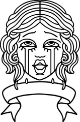 traditional black linework tattoo with banner of a very happy crying female face